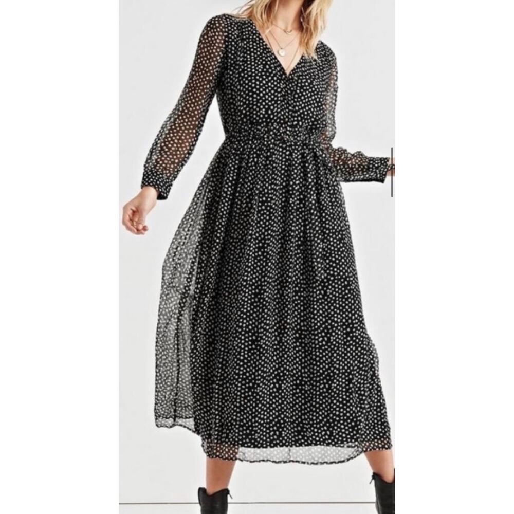 Lucky Brand Polka Dot Sheer Maxi Dress Size Large Black White Long Sleeve Belted
